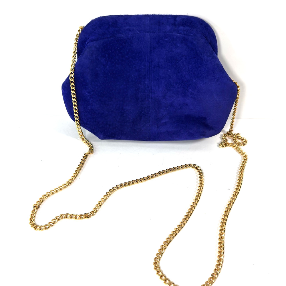 Vtg Cobalt Blue Suede Clutch Bag Chain Strap Italy Leather Royal Blue Purse